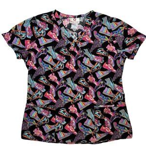 WHITE CROSS "Sneakers" Scrub Top Size Small Black Multicolor Medical Uniform‎